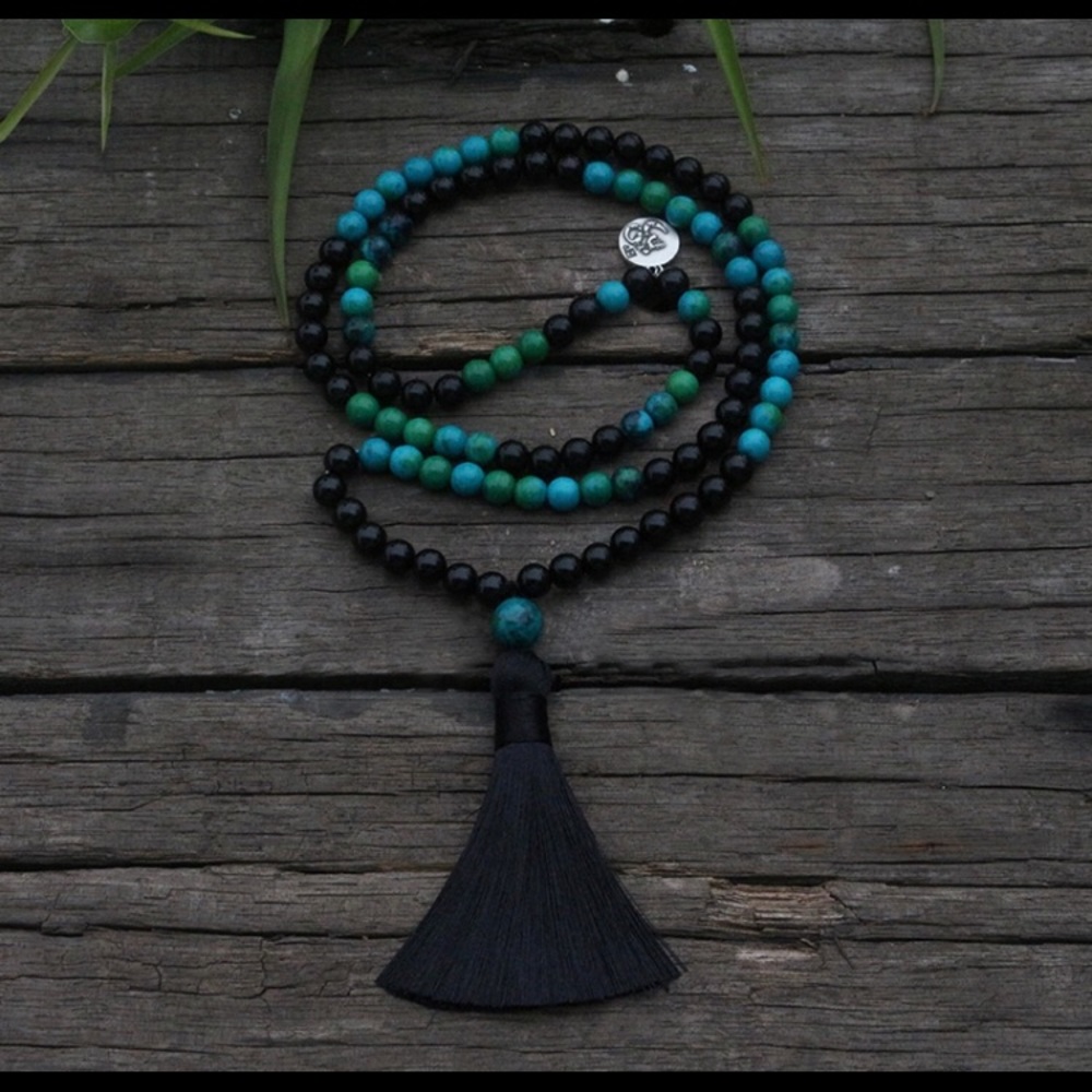 *SOLD* Mala Beads, Black Onyx & Chrysocolla - Picture 1 of 8